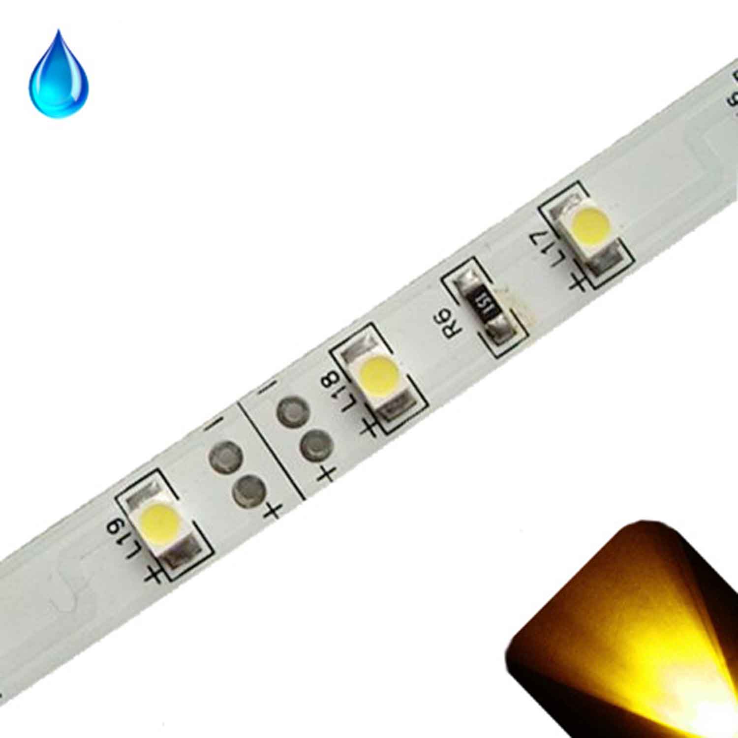 Yellow/Gold PLCC2/3528 12V LED Strip Adhesive Backing 5 Water Resistant