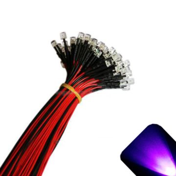 12v 3mm Flat Top Pre-Wired UV / Purple LED - Ultra Bright (10v, 11v, 12v, 13v, 14v, 15v)