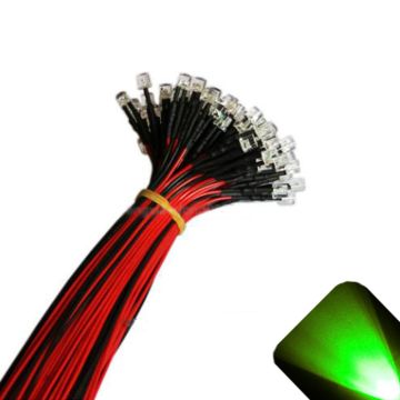 12v 3mm Flat Top Pre-Wired Pure Green LED - Ultra Bright (10v, 11v, 12v, 13v, 14v, 15v)